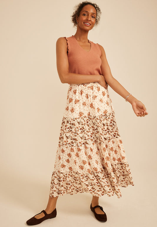 Mixed Floral Tiered Maxi Skirt