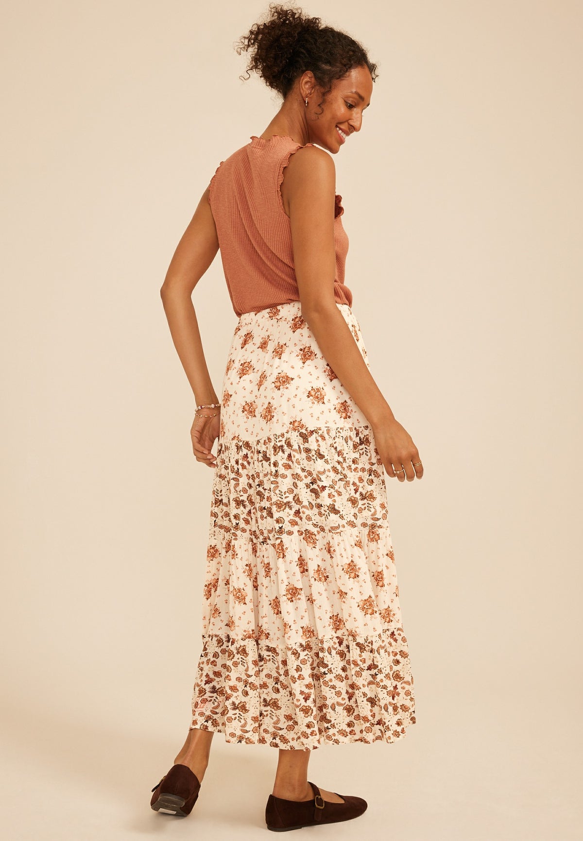 Mixed Floral Tiered Maxi Skirt