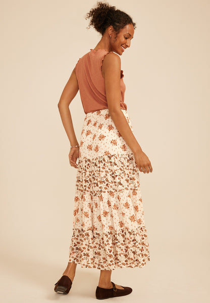 Mixed Floral Tiered Maxi Skirt