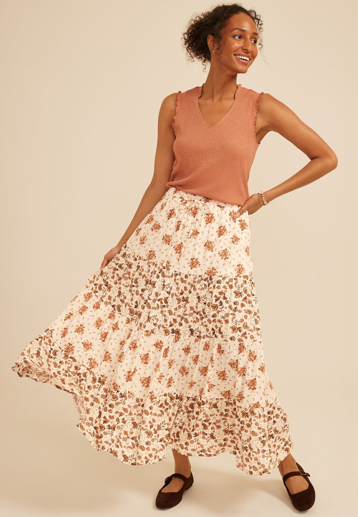 Mixed Floral Tiered Maxi Skirt