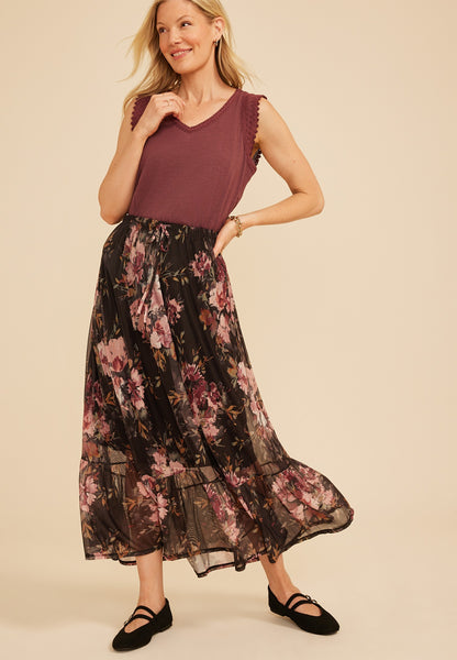 Floral Mesh Maxi Skirt