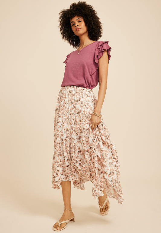 Floral Crinkle Gauze Hanky Hem Maxi Skirt