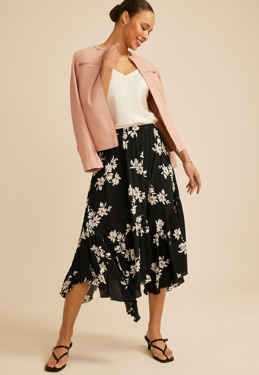 Black Floral Crinkle Gauze Hanky Hem Maxi Skirt
