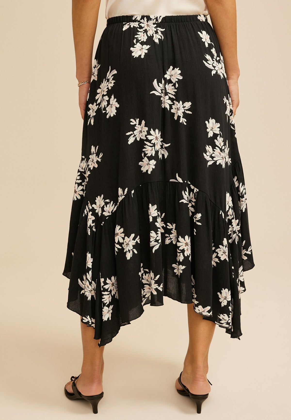 Black Floral Crinkle Gauze Hanky Hem Maxi Skirt