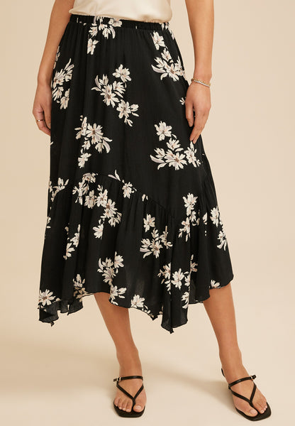 Black Floral Crinkle Gauze Hanky Hem Maxi Skirt