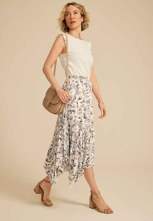 Blue Floral Crinkle Gauze Hanky Hem Maxi Skirt