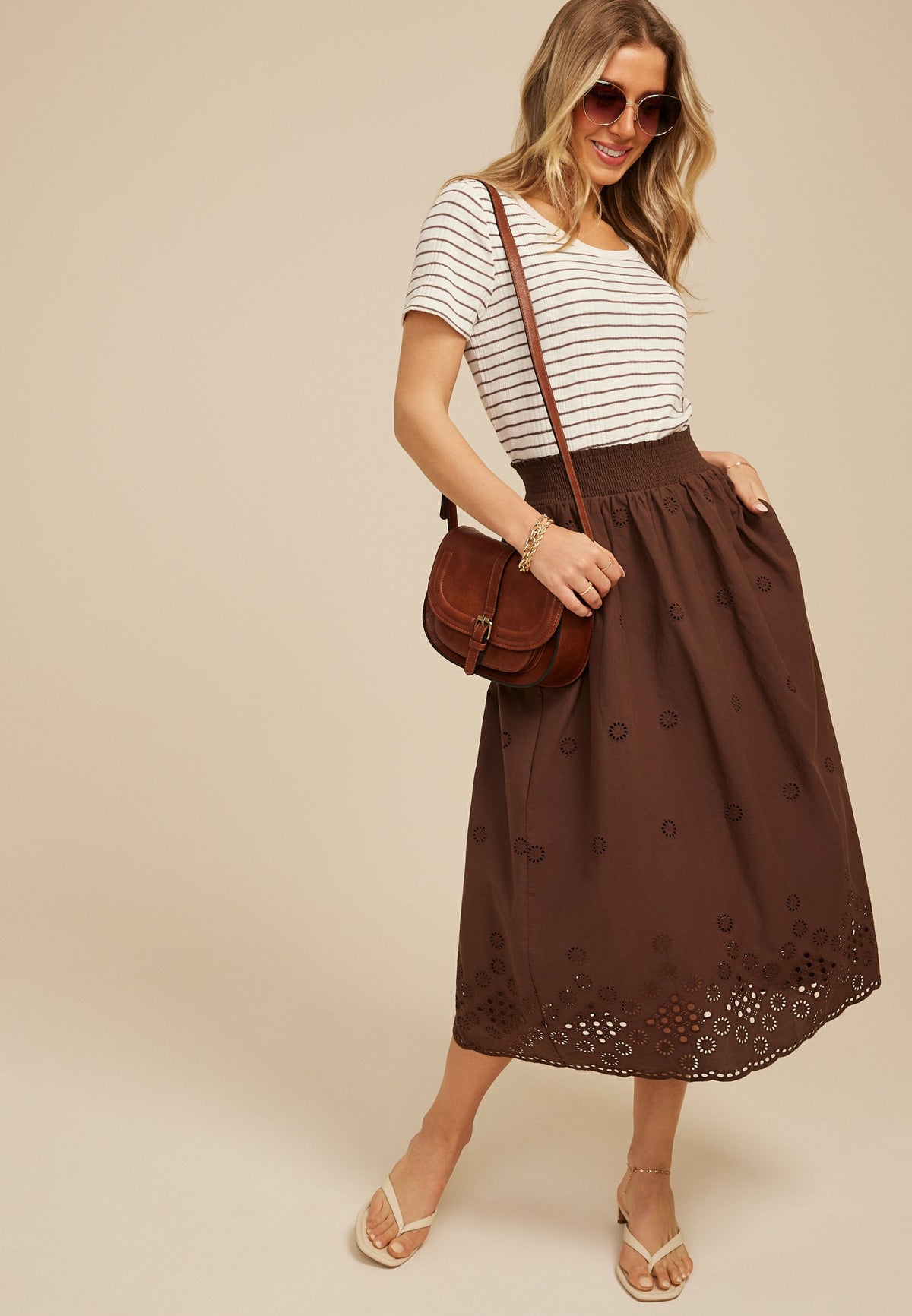 Brown Eyelet High Rise Maxi Skirt