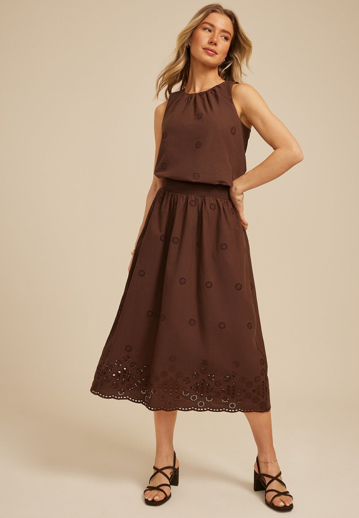 Brown Eyelet High Rise Maxi Skirt
