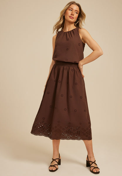 Brown Eyelet High Rise Maxi Skirt