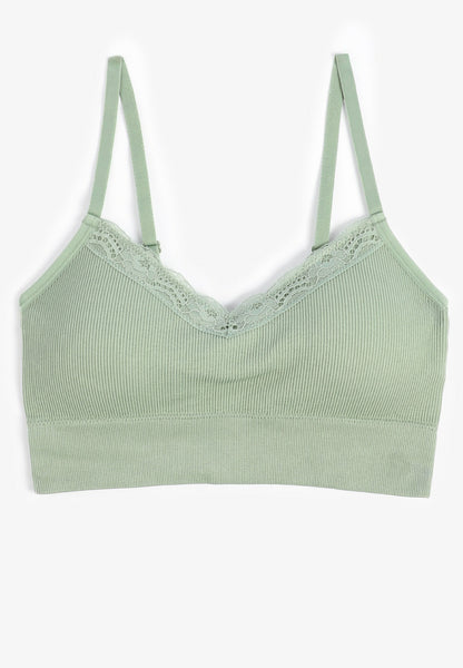 True Stretch Seamless V Neck Lace Trim Bralette
