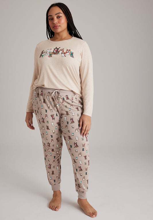 Plus Size Festive Dogs Hacci Jogger Pajama Set