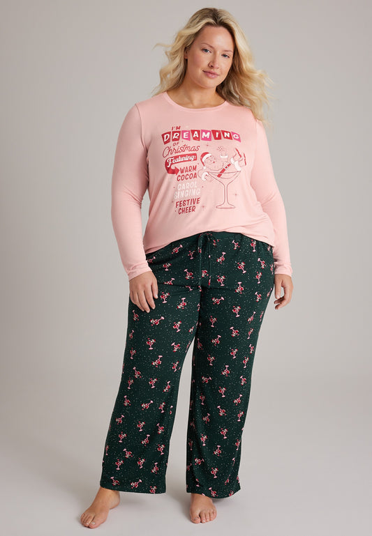 Plus Size Dreaming Of Christmas Santa Hacci Wide Leg Pajama Set