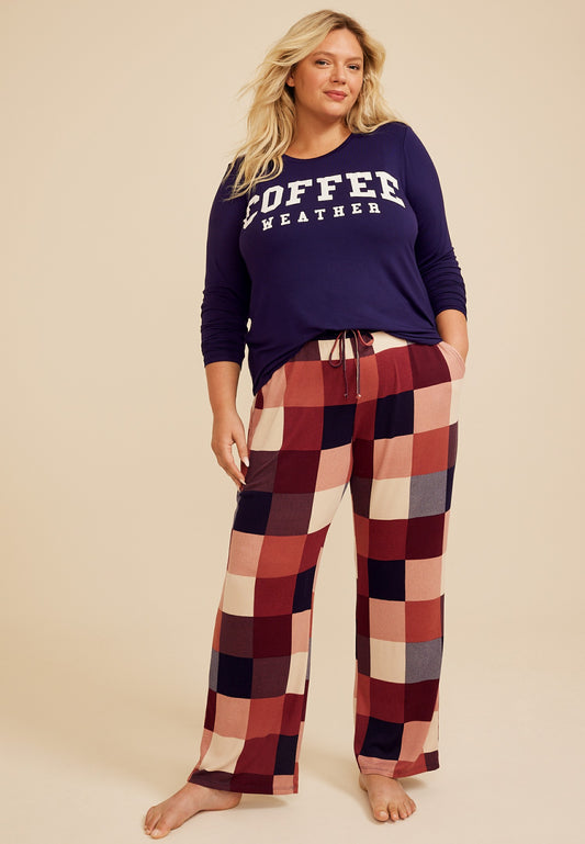 Plus Size Coffee Weather Long Sleeve Top And Wide Leg Pajama Set