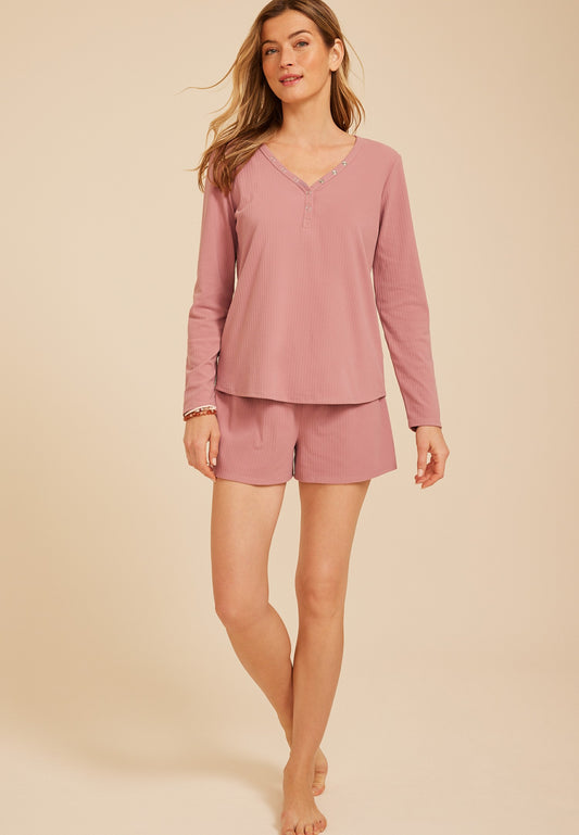 Henley Long Sleeve Top And Short Pajama Set