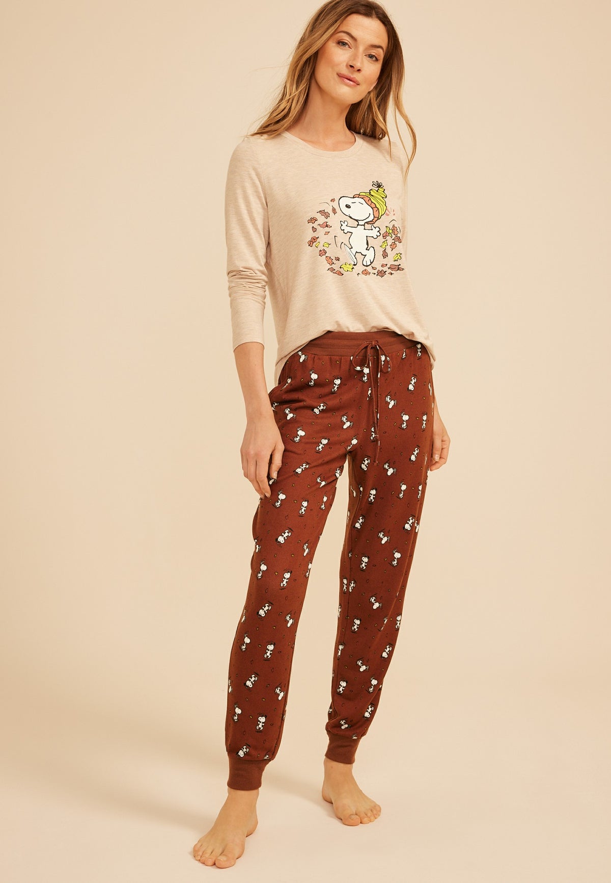 Snoopy Fall Long Sleeve Top And Jogger Pajama Set