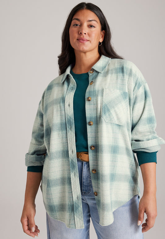 Plus Size  Knit Jacquard Plaid Button Front Shirt