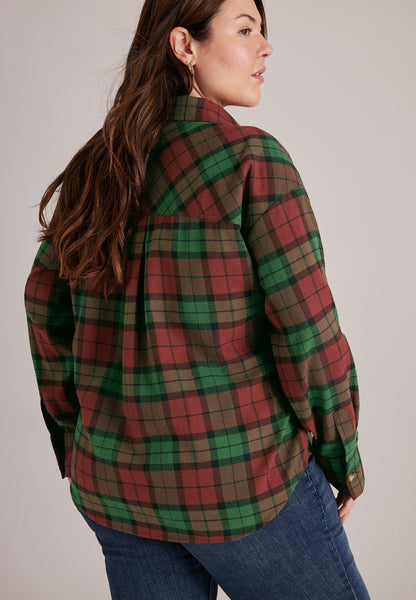 Plus Size Cotton Flannel Plaid Button Front Shirt