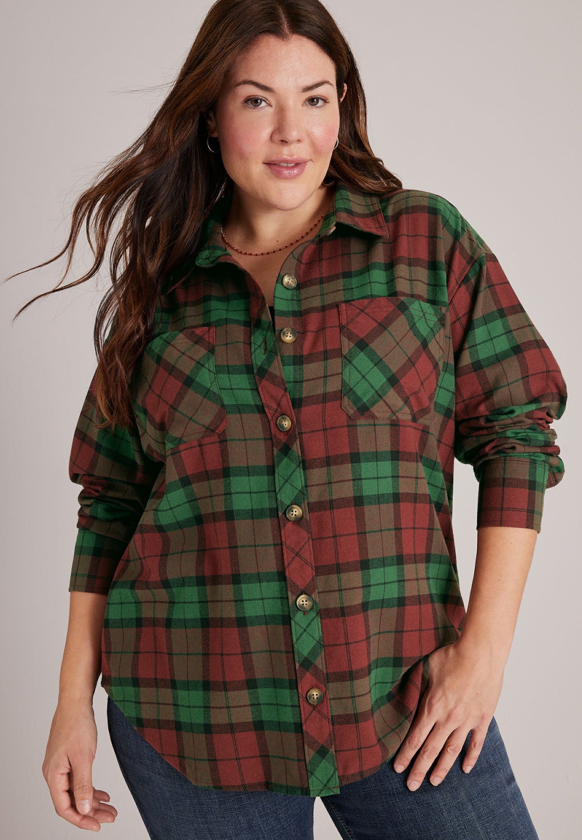 Plus Size Cotton Flannel Plaid Button Front Shirt