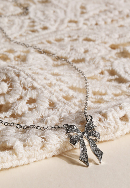 Silver Rhinestone Bow Necklace