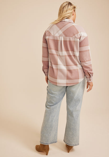 Plus Size Knit Jacquard Plaid Button Front Shirt