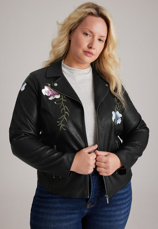 Plus Size Floral Embroidered Faux Leather Jacket