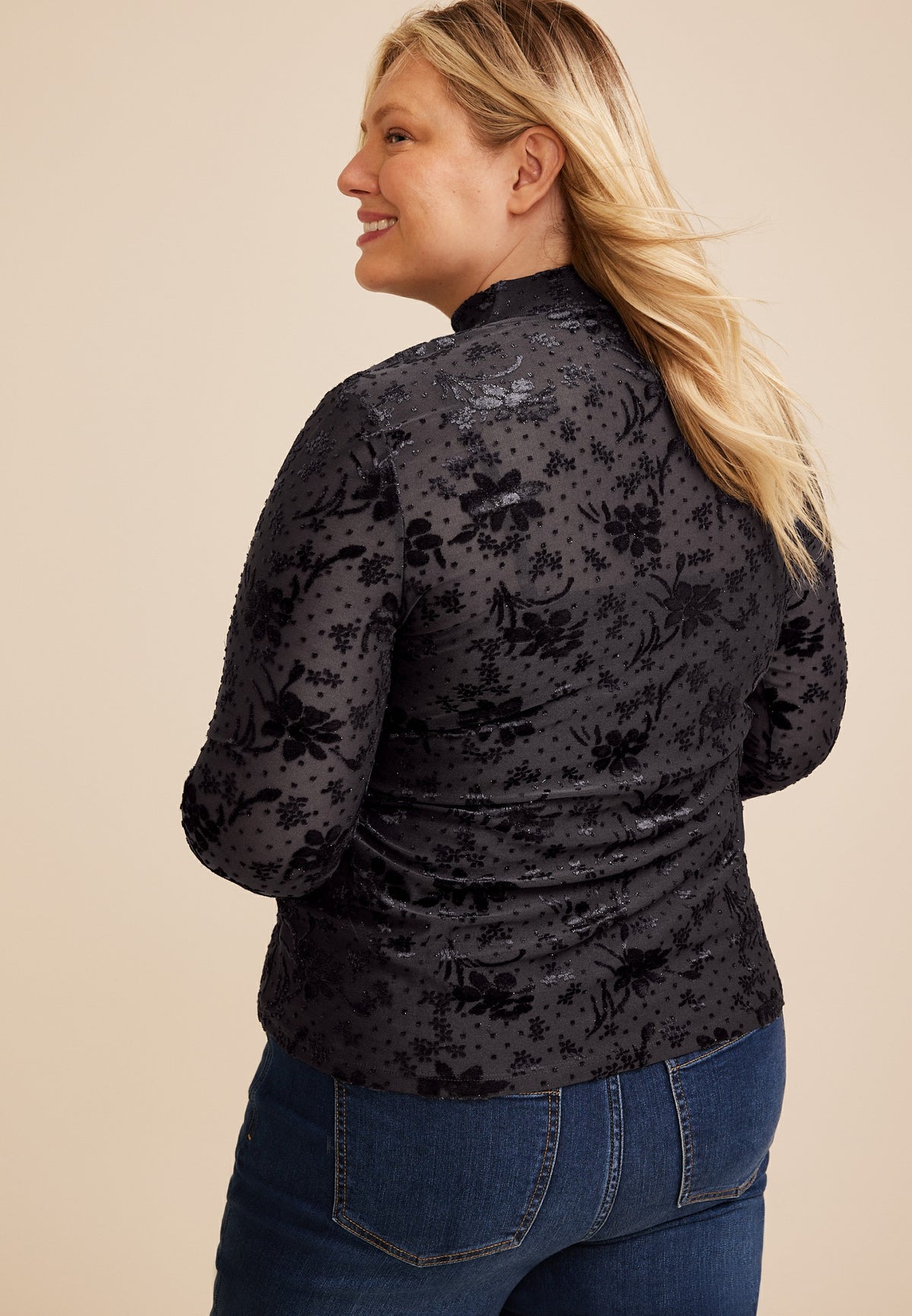 Plus Size Studio Y Sparkle Flocked Mesh Mock Neck Top