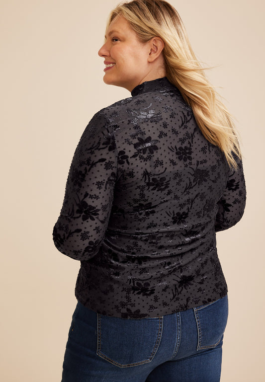 Plus Size Studio Y Sparkle Flocked Mesh Mock Neck Top