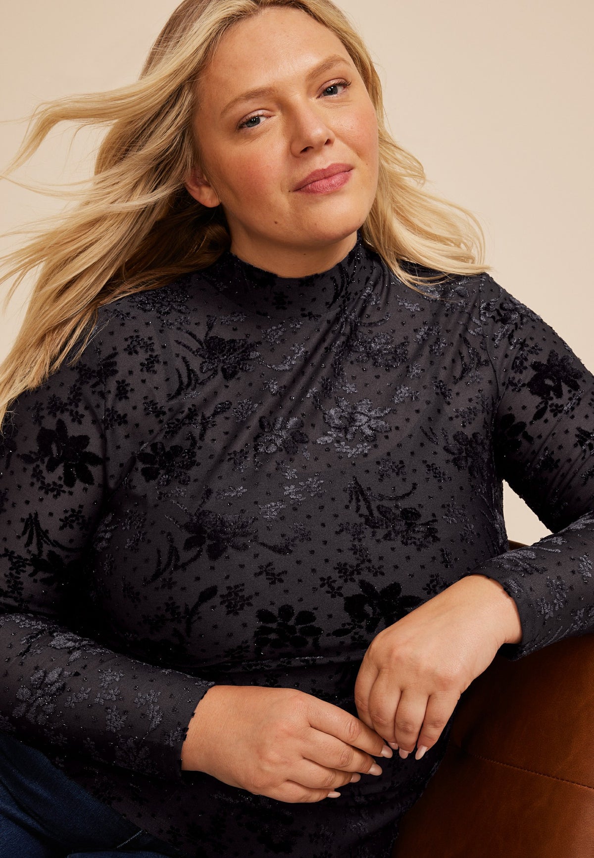 Plus Size Studio Y Sparkle Flocked Mesh Mock Neck Top
