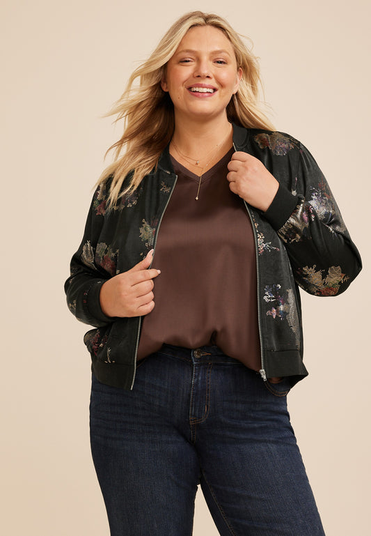 Plus Size Studio Y Foil Floral Bomber Jacket