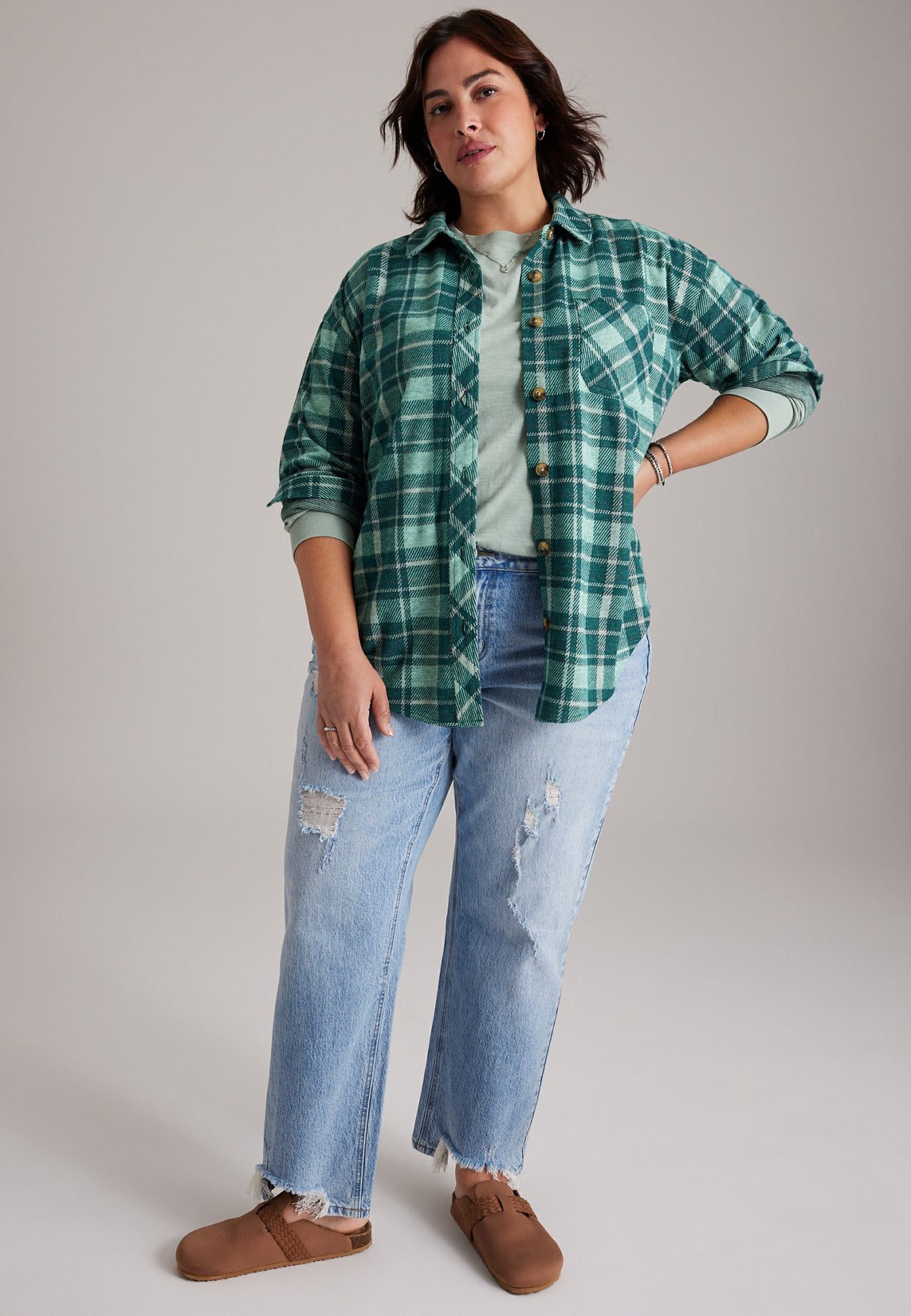Plus Size Knit Jacquard Plaid Button Front Shirt