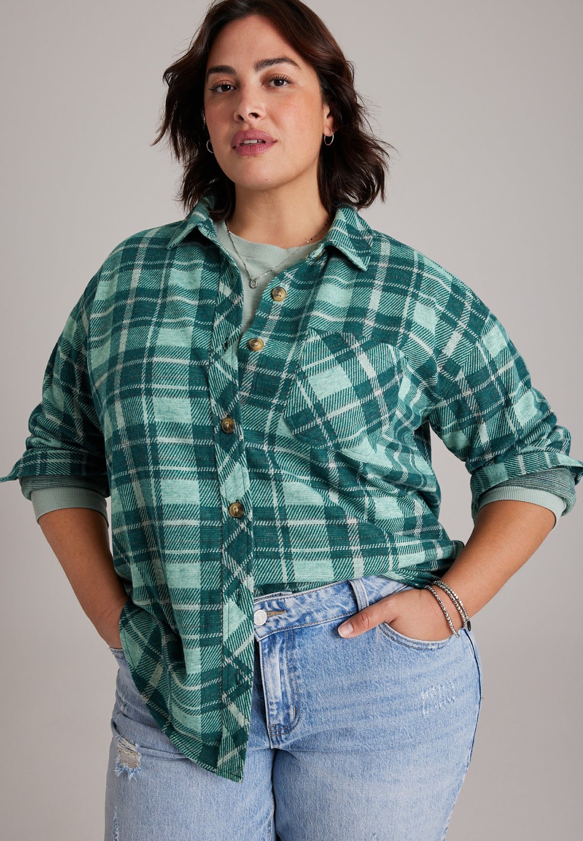 Plus Size Knit Jacquard Plaid Button Front Shirt