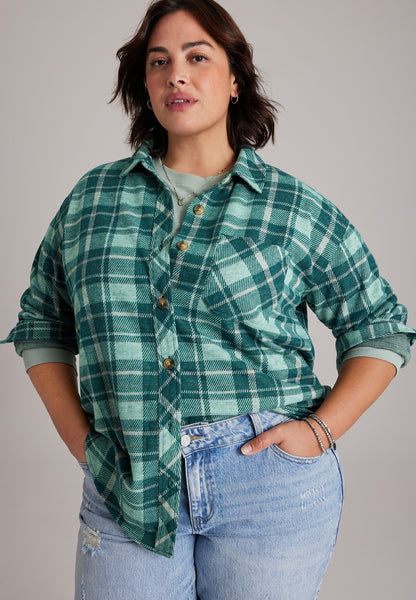 Plus Size Knit Jacquard Plaid Button Front Shirt