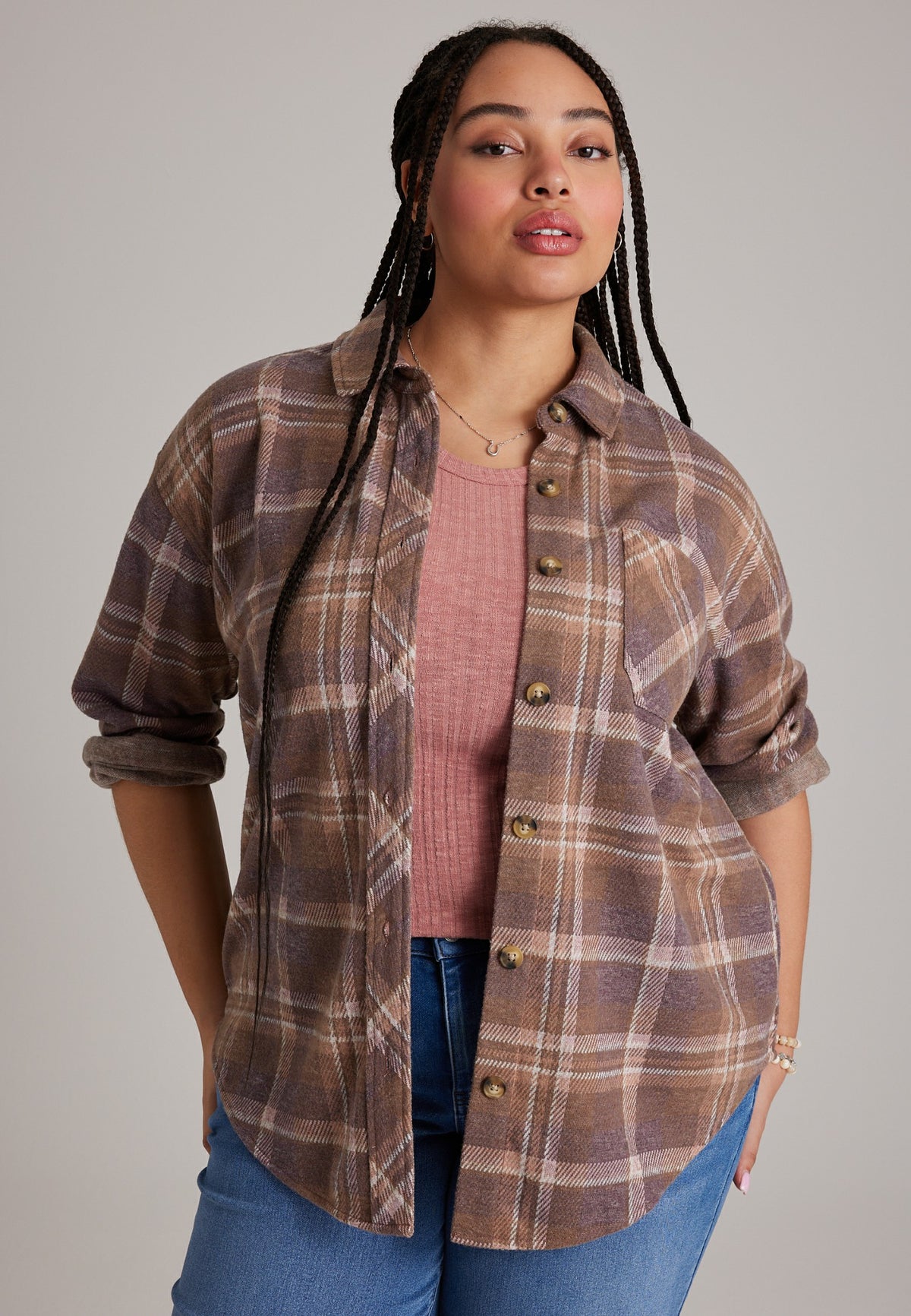 Plus Size Knit Jacquard Plaid Button Front Shirt
