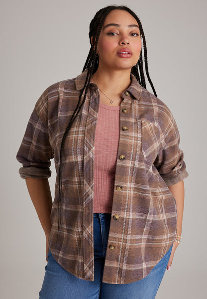 Plus Size Knit Jacquard Plaid Button Front Shirt