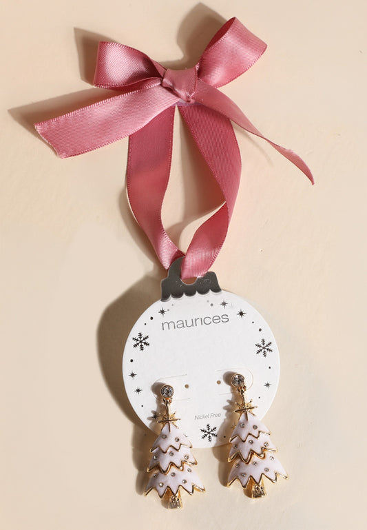 Gold And White Tree Drop Earrings