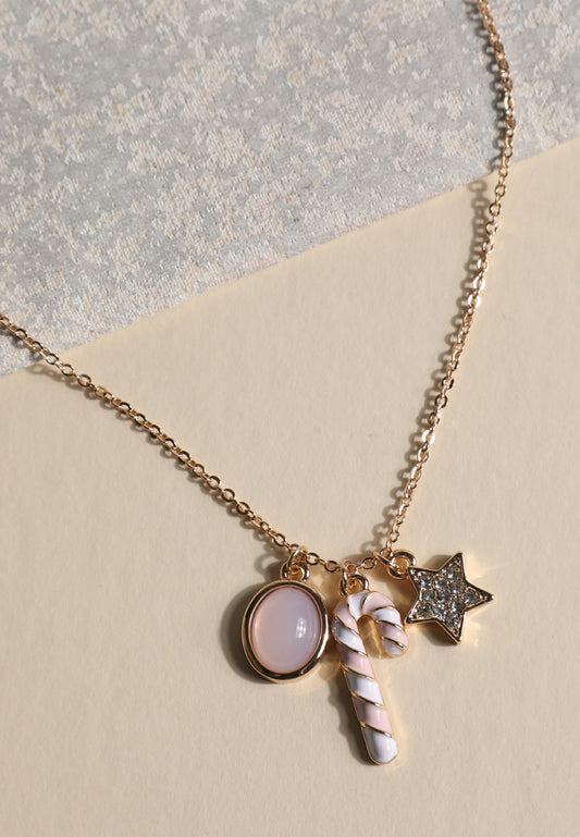 Gold And Pink Candy Cane Charm Necklace