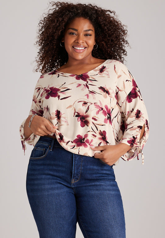 Plus Size Floral Cinched Sleeve Blouse