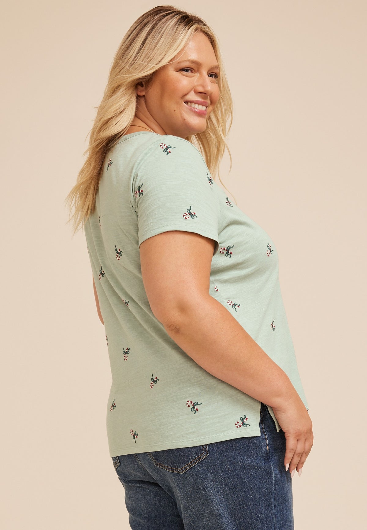 Plus Size 24/7 Dawson Candy Cane Embroidered Crew Neck Tee
