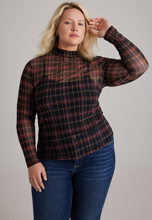 Plus Size Plaid Sheer Mesh Mock Neck Top
