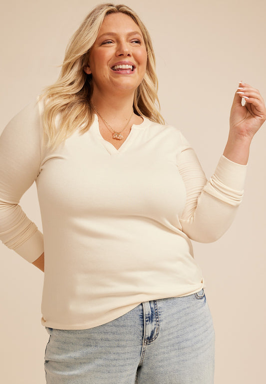 Plus Size Brushed Split Neck Henley Top