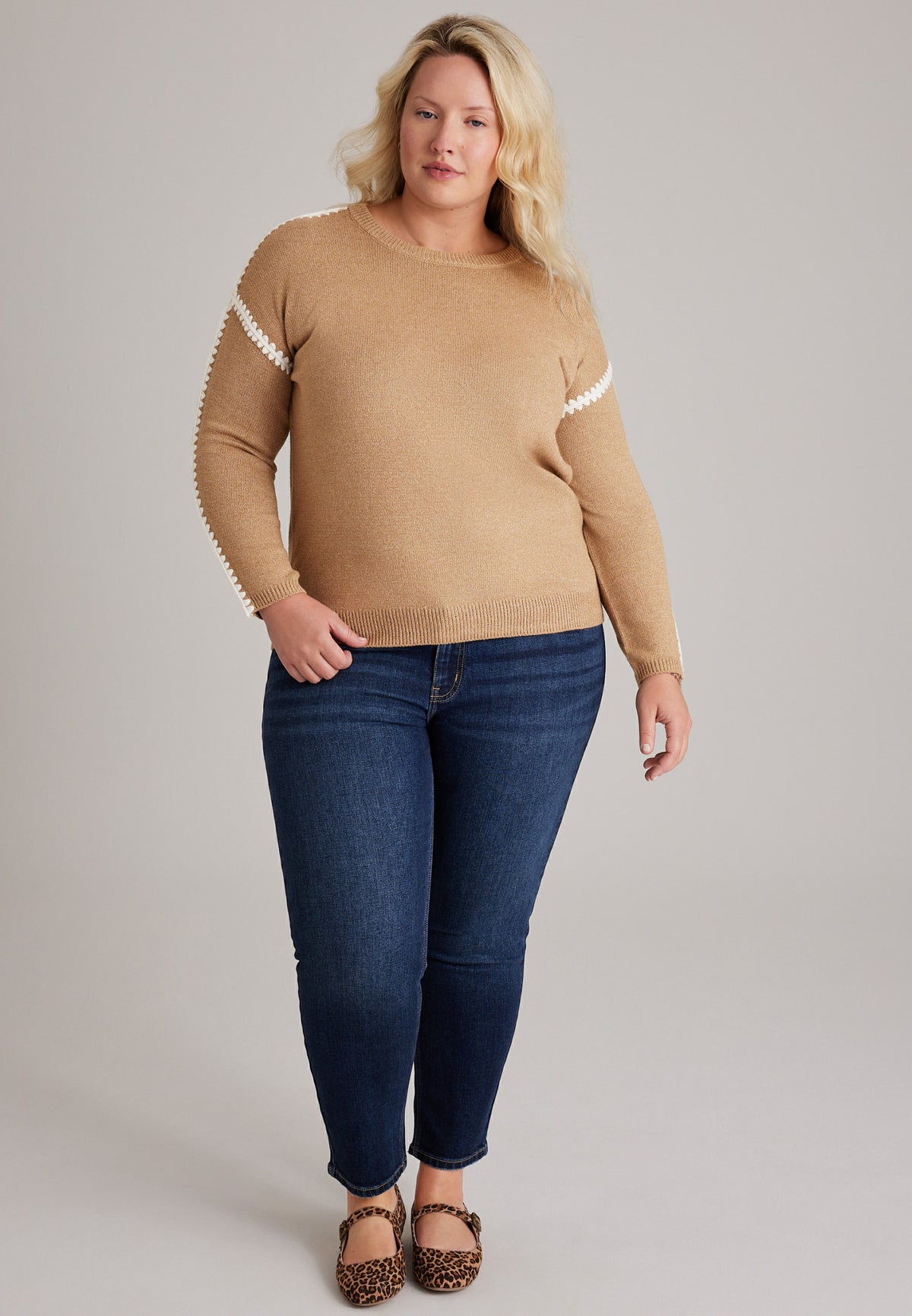 Plus Size Contrast Stitch Sleeve Sweater