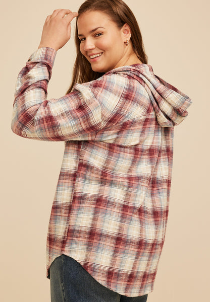 Plus Size Hooded Cabin Plaid Button Front Shirt
