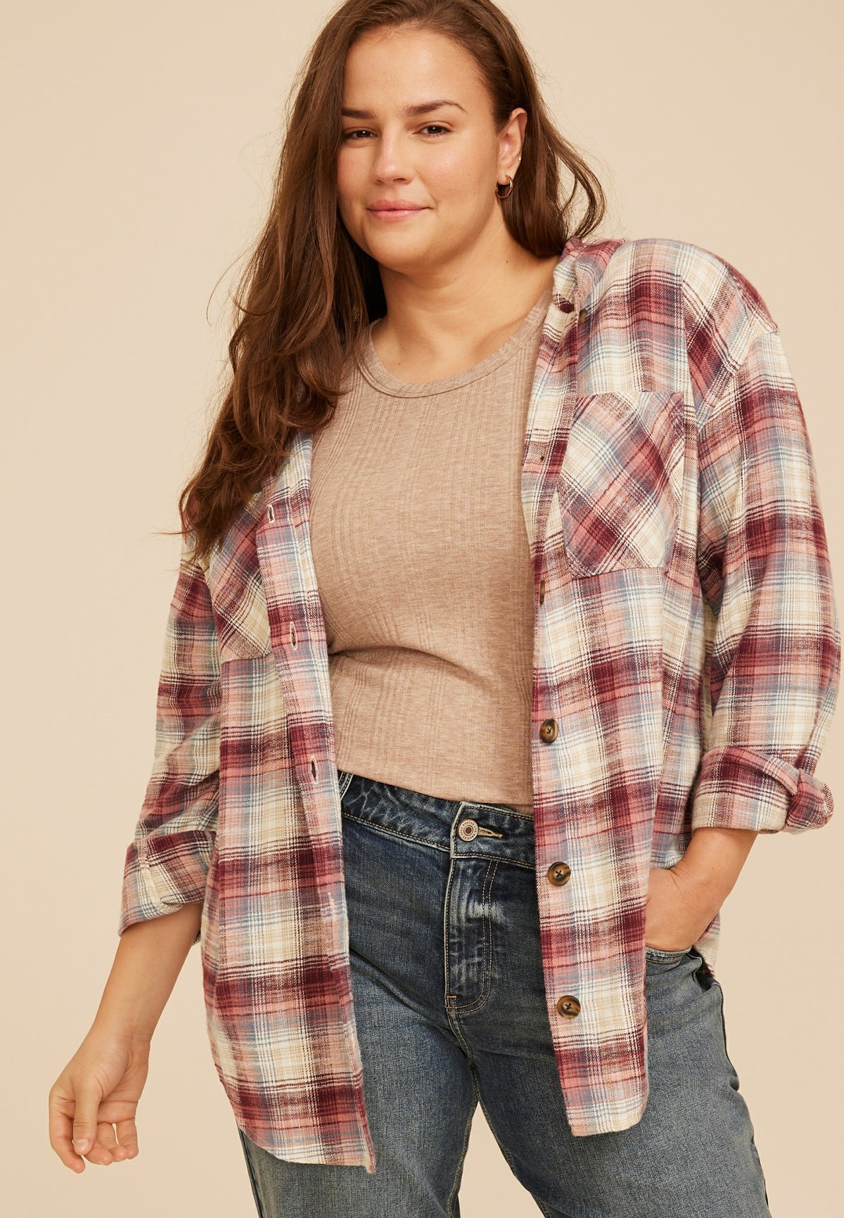 Plus Size Hooded Cabin Plaid Button Front Shirt