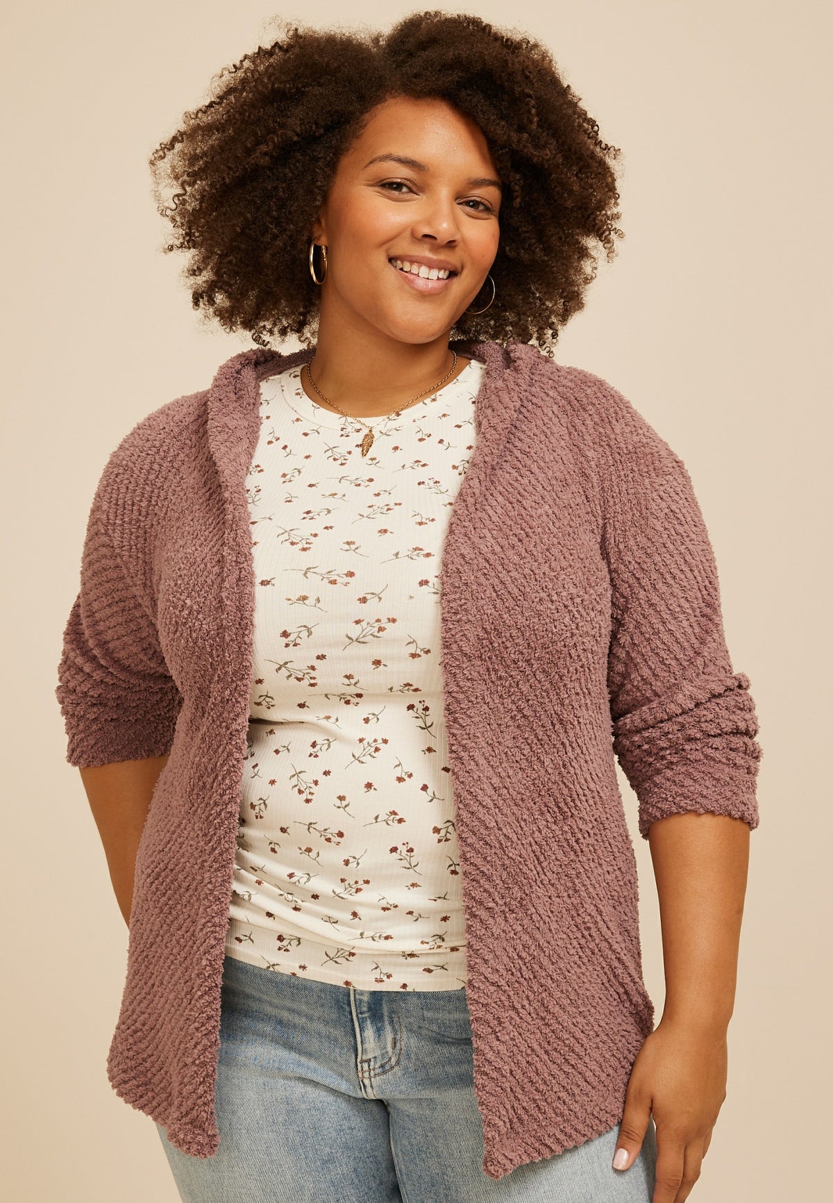Plus Size Cozy Hooded Open Front Cardigan