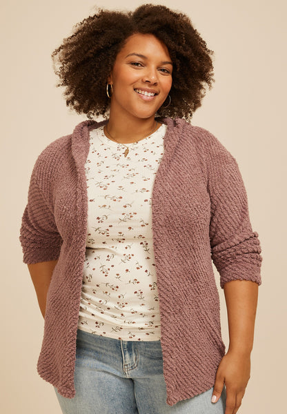 Plus Size Cozy Hooded Open Front Cardigan