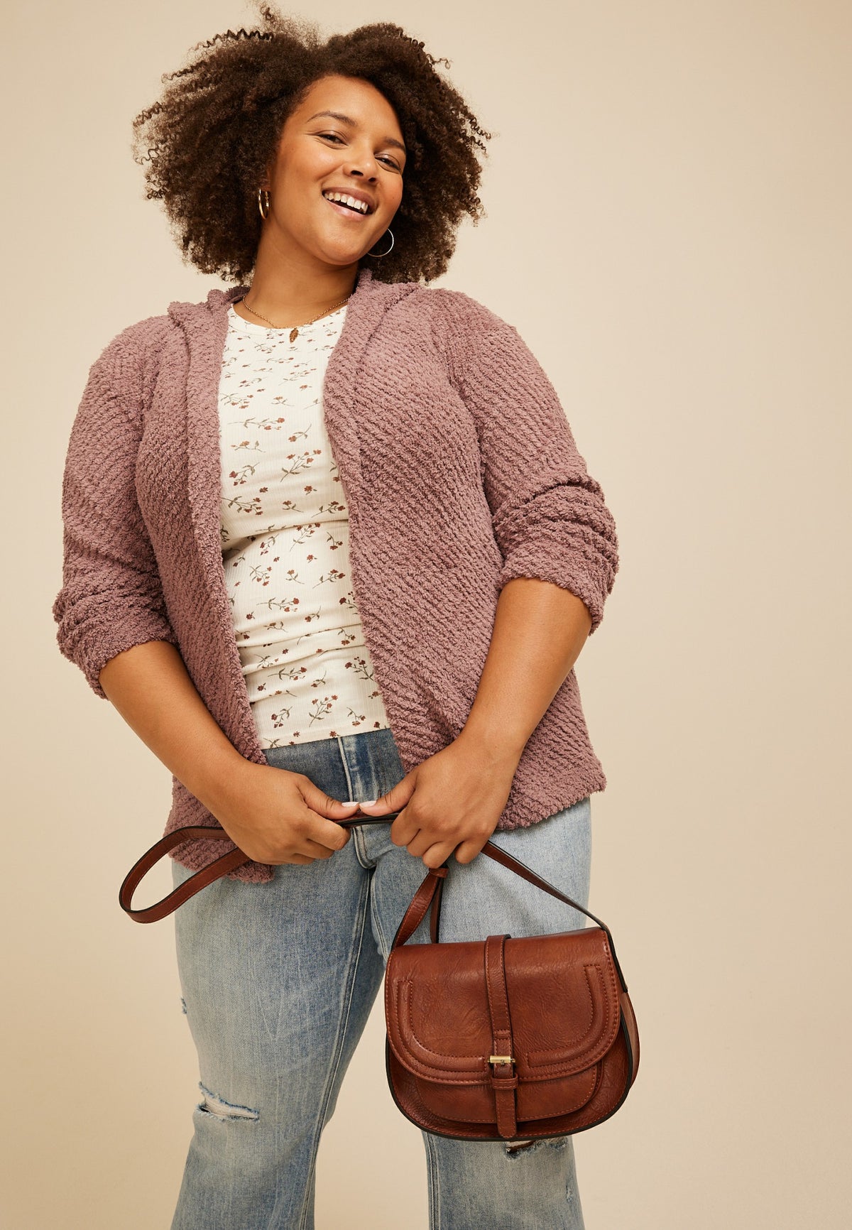 Plus Size Cozy Hooded Open Front Cardigan