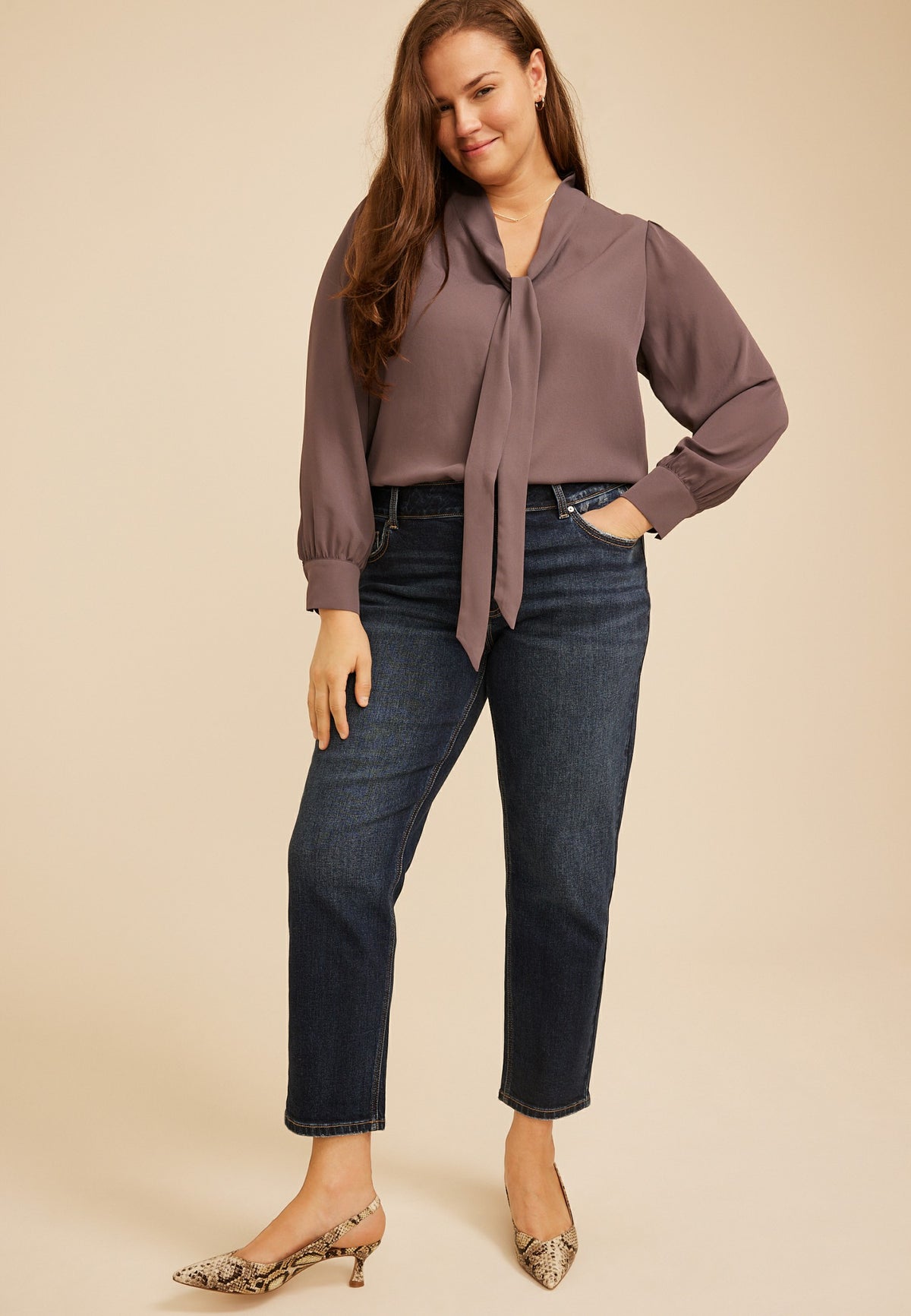 Plus Size Tie Front Long Sleeve Blouse