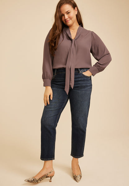 Plus Size Tie Front Long Sleeve Blouse