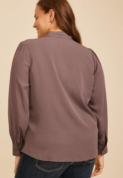 Plus Size Tie Front Long Sleeve Blouse