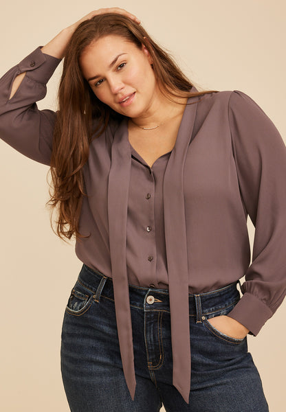 Plus Size Tie Front Long Sleeve Blouse